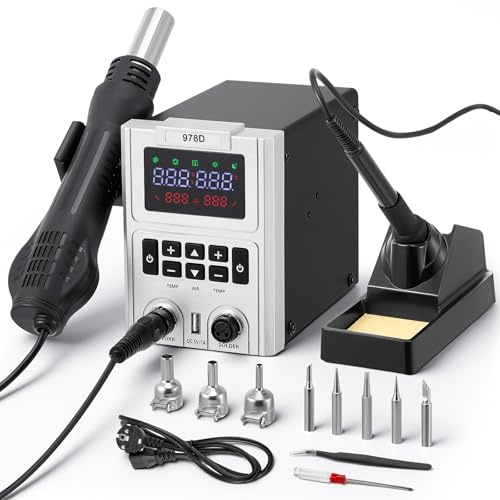 Stazione Saldante, Stazione Dissaldante Calda 2-in-1 per Ricottura con Schermo LCD, Ugelli a Cambio Rapido, Auto Start/Stop,Temperatura Regolabile e Volume D'aria, Ampia Gamma di Scenari Applicabili