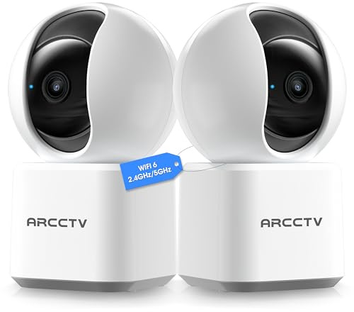 ARCCTV-kameror för hemsäkerhet 2 st med WiFi 6 och 5 GHz/2,4 GHz, rörelsespårning missar aldrig ett ögonblick, 2-vägs ljud, mörkerseende, kompatibel med Alexa uppgraderar din Idoor-säkerhet