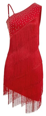 EFOGEP Robe asymétrique à une épaule en strass pour femme - Robe de danse latine des années 1920 - Robe à paillettes - Salsa Cha-Cha - Costume de danse