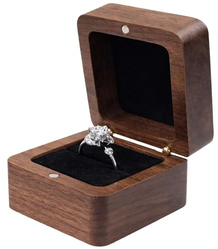 HiTjK 1 Piece Wooden Ring Box, Engagement Ring Box with Black Lining, Small Wooden Box for Wedding Ring Storage, Ring Case for Valentine's Day, Ceremonies and Special Occasions