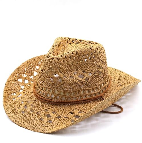 Generisch Sombrero de vaquero occidental de verano para mujer y hombre, sombrero de paja moldeable ahuecado