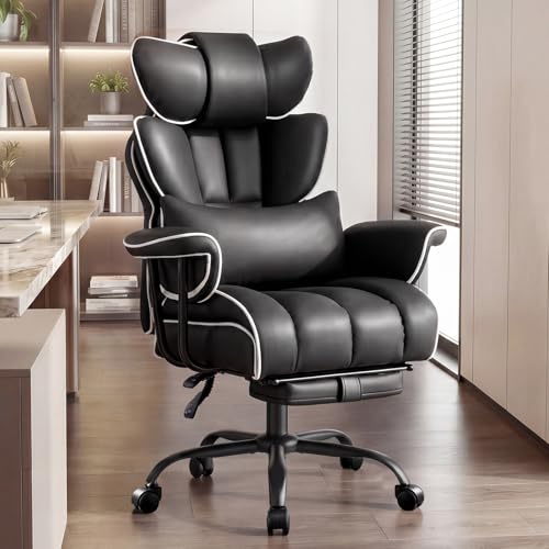 Ckaff Chaise de Bureau, Fauteuil de Bureau Ergonomique avec Repose-Pieds, Fauteuil de Direction en Cuir PU Inclinable avec Support Lombaire, Chaise d'Ordinateur à Hauteur Réglable, Noir