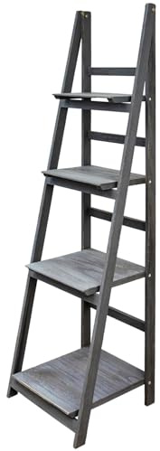 Kingpower Regal Leiterregal Holz Wandregal Bücherregal für Küche Wohnzimmer Badezimmer Modern 4 x Ablagen Deko Bilderrahmen Pflanzen in 4, Farbe:Grau