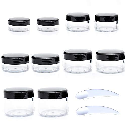 ZEJIA 10pcs Small Travel Containers, Black Sample Jars with Screw Lids, 5 Size 3/5/10/15/20 Gram, 12pcs Labels and 2pcs Mini Disposable Spatula, Makeup Sample Containers BPA Free