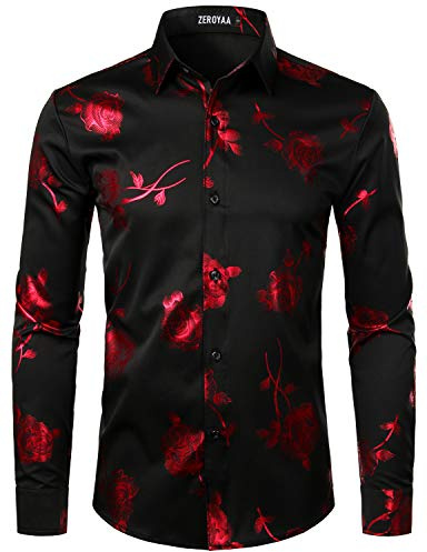 ZEROYAA Mens Hipster 3D Rose Deign Slim Fit Long Sleeve Button Up Dress Shirts ZZCL22 Black Red Large