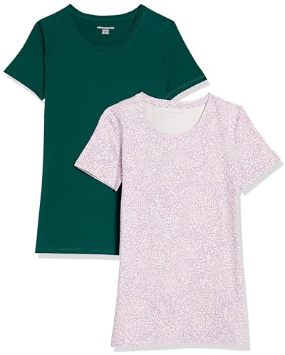 Amazon Essentials Camiseta de Manga Corta con Cuello Redondo y Corte Recto Mujer, Pack de 2, Lila Estampado de Animales/Verde Oscuro, M