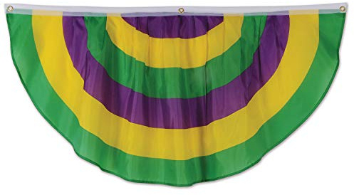 Beistle Mardi Gras Fabric Bunting, Decorative Polyester Swag Banner with Purple Green Yellow Stripes, 3 Grommets for Indoor Outdoor Use, Carnival Décor for Porch Parade or Party, 48 x 24