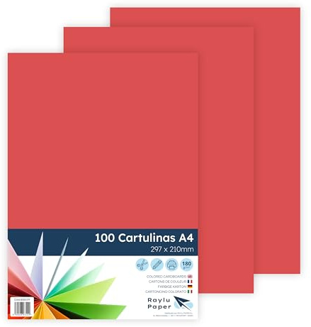 RAYLU PAPER Färgade papper A4, 100 st. färgade ark, 180 g/m², 210 x 297 mm, färgat papper för kontor och hantverk (tomatröd)