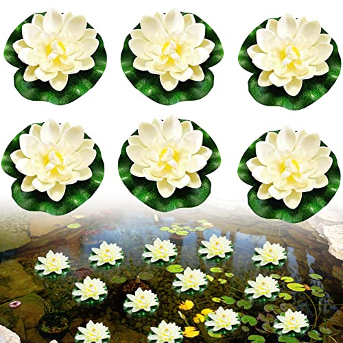 6 stycken svävande blommor, vattenlilja växter, konstgjorda näckrosor simmande, konstgjorda blommor, vit lotus, dammväxter, konstgjorda, svävande dammdekoration för trädgårdsterrass akvariedekoration