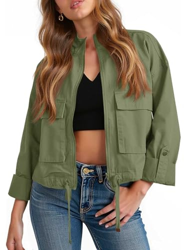 Tankaneo Women Casual Cropped Jackets Zip Up Lightweight Military Safari Short Utility Coat with Pockets