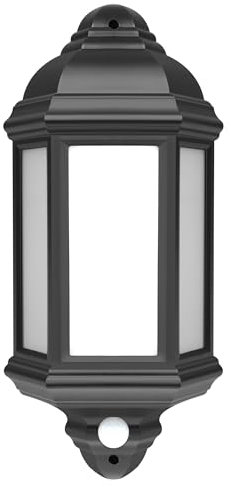 Bright Source Outdoor 7w Integrated LED 3-Sided Half Wall Lantern, PIR Motion Sensor, Traditional Style, IP44, 550lm, Black, 4000K Cool White