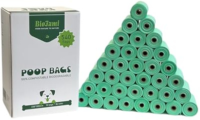 BIOFAMI Bolsas Caca Perro 100% Biodegradables, 540 Bolsas, Materiales Compostables a base de Almidón de maíz, Sin fragancia, Certificación US BPI y EU EN13432 OK Compost Home