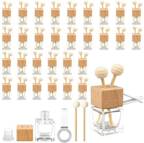 30 Pack Glass Car Diffuser Bottles, 8 ml Empty Car Freshener Bottles Bulk with Vent Clip Air Freshener Diffuser Bottle with Wooden Caps for Essential Oil Perfume Fragrance Ornament
