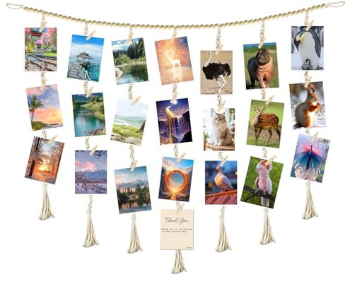 Holzperlen Collage Hängende Bilderrahmen, Fotogirlande, Fotowand Mit Klammern, DIY Wanddekoration, 120 cm Perlen & Fotoleine Mit Holzklammern, Zum Aufhängen Von Fotopostkarten