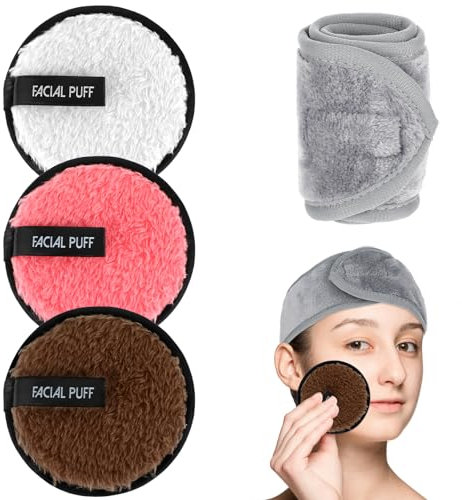 Aster 4 Pcs Soft Makeup Remover Pads with Spa Facial Towel Headbands, Reusable Face Cleansing Pads, Microfibre Cotton Make Up Pads/Wipes Face Cleansing Cloths for All Skin Type