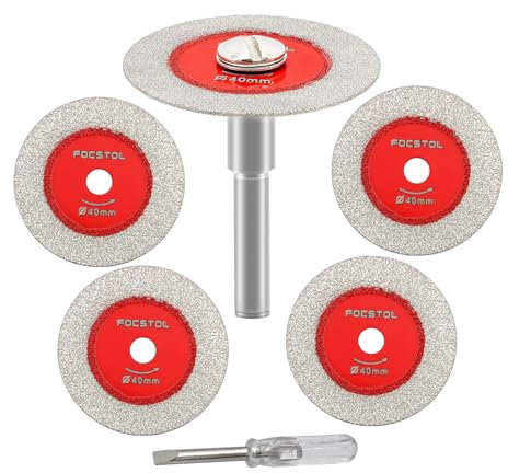 Mini Diamond Glass Cutting Disc - FOCSTOL 5pcs 40mm Saw Blade and 1pc 6mm Round Shank for Glass Jade Marble Granite Artificial Stone Porcelain Tile Ceramic