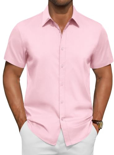 siliteelon Men's Short Sleeve Pink Dress Shirts Stain Shield Stretch Non Iron Business Casual Button Down Shirts