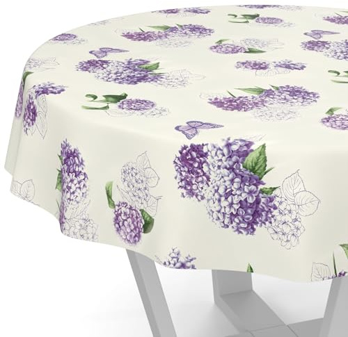ANRO Nappe en toile cirée lavable, pour table de jardin, de forme ronde, ovale, rectangulaire, ronde, 120 cm, bord coupé, motif fleurs lilas