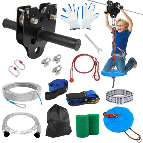 FAHKNS Kit zip per bambini e adulti: 30,5 m fino a 181,4 kg - Carrello rimovibile aggiornato, sedile spesso, imbracatura di sicurezza, kit zip a serraggio rapido per giardino esterno