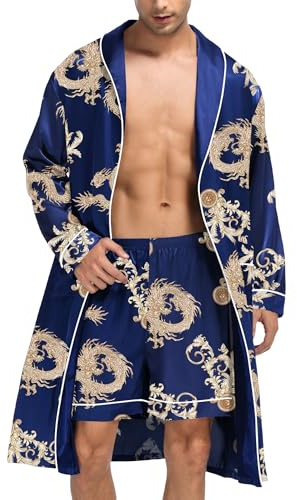 SWOMOG Men’s Satin Robe Lightweight Long Sleeve Silk Kimono Bathrobe with Shorts Set Sleepwear