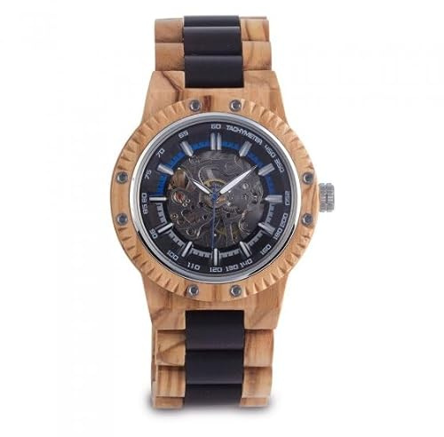 VIBELL Montre Automatique en Bois d'olive, Bracelet Mixte Bois Clair et Foncé, Cadran Squelette Bleu, Style Mécanique