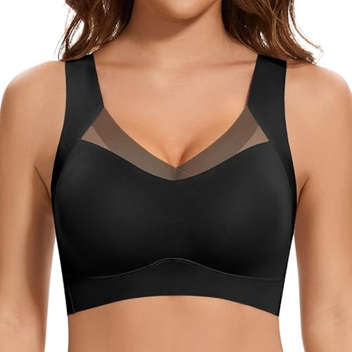 Cavotor Wireless Bras for Women Comfort Support Non Wired Sport Bra for Large Busts Seamless Padded Soft Mesh Bralettes (Black,XL)
