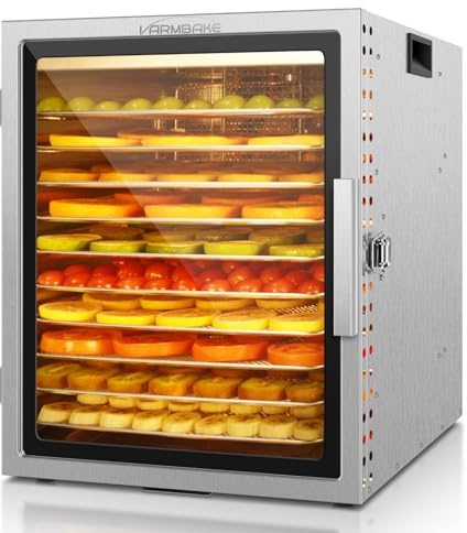 VarmBake Deshidratador de acero inoxidable de 10 niveles, 0,84 ㎡ de superficie de deshidratación, 30-90 ℃, deshidratador de frutas grande, 800 W, deshidratador de alimentos para verduras, carne y 316