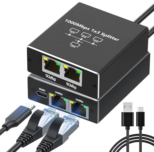 Ethernet Splitter 1 to 3 High Speed 1000Mbps, Gigabit Network Switch RJ45 Splitter Adapter with USB C Power Cable, Simultaneous Internet Access for Cat8 Cat7 Cat6 Cat5 PC TV Xbox PS5