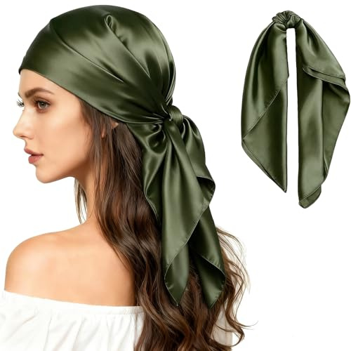 MESU Large Square Scarf 35 Headscarf for Women's Hair Bandanas Silk Head Scarf Gold Green