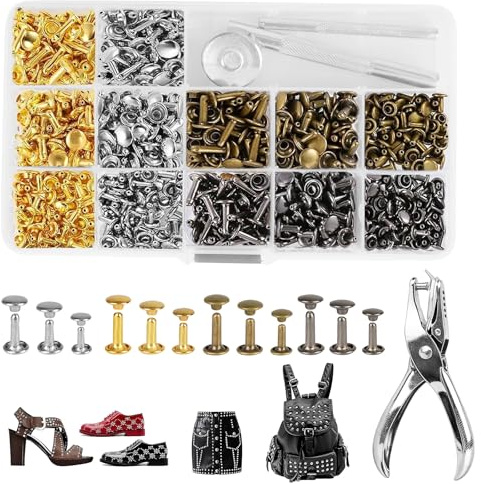 OdiuK 360 Set Leder Nieten Set, Doppelkappe Hohlnieten mit Bohrwerkzeuge und Zangen 12mm 8mm 6mm Ledernieten, Nieten für Leder hohlnieten Set für DIY Lederhandwerk Kleidung Dekoration, 4 Farben (M)