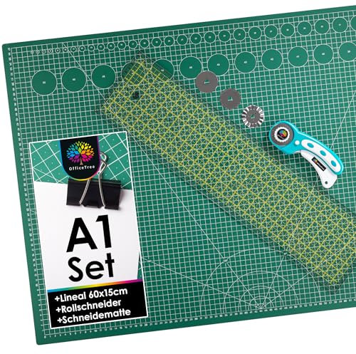 OfficeTree Schneidematte Set A1 90x60 + Rollschneider + Patchwork Lineal 60x15 cm - Schneidematte A1 Selbstheilend - Schneiderlineal Schneiderunterlage und Rollschneider Set - Schneidunterlage nähen
