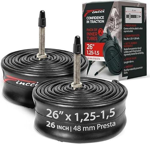 Fincci Inner Tubes 26 inch - Pair MTB Bike inner Tube 26 x 1.25 x 1.35 x 1.45 x 1.5 with 48 mm Presta Valve - For Cycle on Mountain, Road, Hybrid, Folding, Electric Bicycles - Pack of 2 accessories