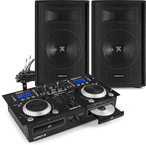 VONYX Home DJ PA System Bundle with Dual CDJ500 Mixer, Bluetooth, 2x10” SL10 Passive PA Speakers, 2x 6m Jack-to-Bare Wire Cables, Complete DJ Starter Kit Setup Ideal for Events and Parties