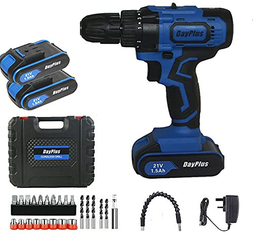 Taladro atornillador inalámbrico 45 Nm Max. Par de apriete 21 V 2 × 1,5 Ah Batería Li-Ion 18 + 1 niveles de par, interruptor delantero y trasero, 2 velocidades, luz LED