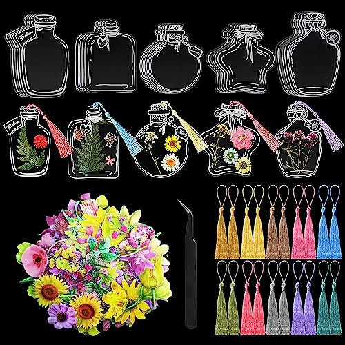 kiimiipa 24pcs DIY Transparentes Lesezeichen Blume,Transparentes Lesezeichen,Geburtstagsgeschenk FüR Kinder,24pcs Bunte Quaste Leser Schule Buch Flasche Liefert Handgemachte Lesezeichen