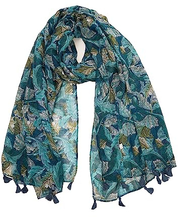 YOUR SMILE Large Boho Scarf for Women Lightweight Floral Printed Scarves Fall Winter Fashion Fringed Shawl wraps (01 Teal Leaves)