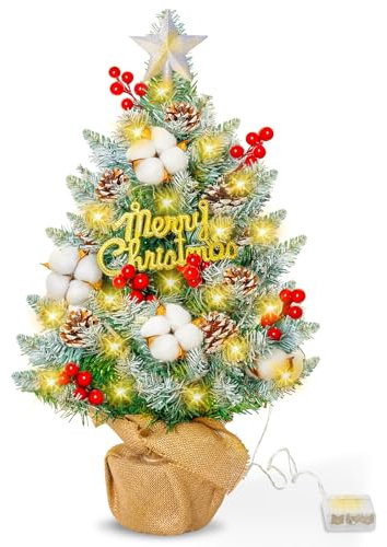 DONGQI Mini Albero di Natale 60cm, Albero di Natale da Tavolo, Albero di Natale da Tavolo Artificiale con luci a LED e Decorazioni, piccolo albero di Natale per casa, ufficio, tavolo da pranzo