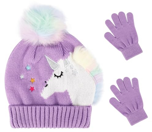 QKURT Kids Knitted Hat Gloves Set, Winter Warm Beanie Gloves Set Thermal Lined Hat Mittens Unicorn Pattern for 3~5 Years Old Kids children Girls, Winter Accessories