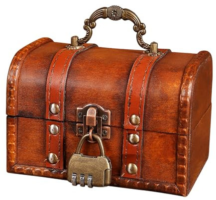 Sporgo Petit coffre au trésor en bois vintage : coffre au trésor avec serrure à combinaison, petites caisses en bois, coffre au trésor pour enfants boîte à bijoux, mini coffre en bois pour le