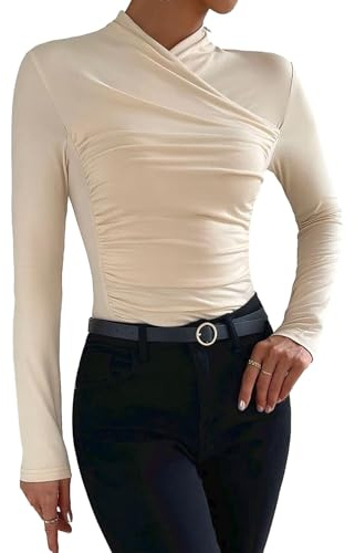 Achlibe Women's Spring Elegant Slim Tops Solid Color Crop Tops Long Sleeve High Neck Ruched Wrap T-Shirt (Light Yellow, L)