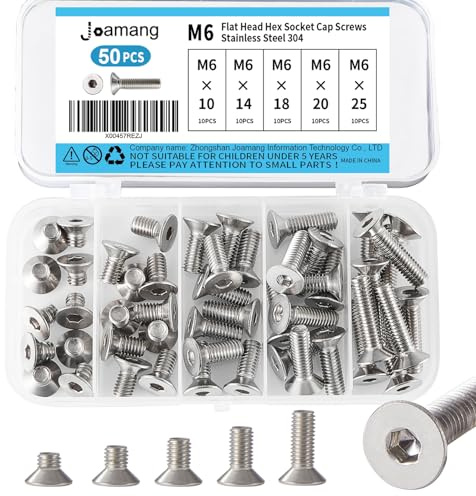 Joamang M6 x 10mm 14mm 18mm 20mm 25mm Flat Head Hex Socket Cap Screws Countersunk Bolts, Stainless Steel 304, Metric Allen Drive, Bright Finish, Fully Threaded, Assortment Kit 50PCS