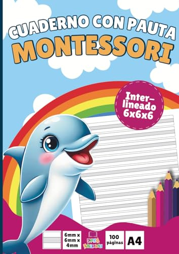 Cuaderno con pauta Montessori 6: En blanco para primaria | Interlineado 6x6x6 mm | DIN A4 | 100 páginas | Como cuaderno para deberes, para estudiar o tomar notas (a partir de 5 años)
