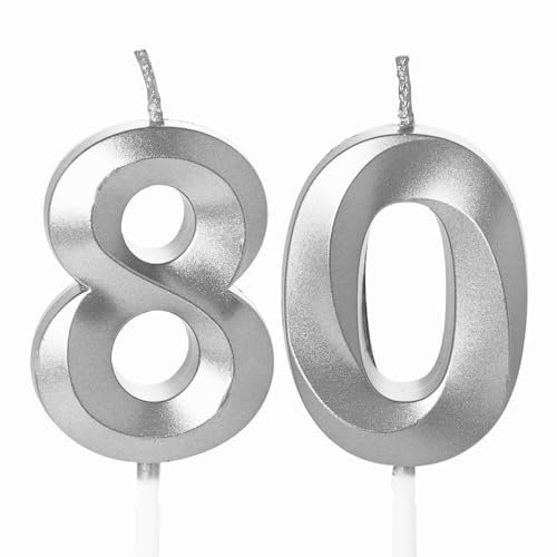 Silver 80th Birthday Candles Number for Cake - Toppers for 80 Year Old Women Men