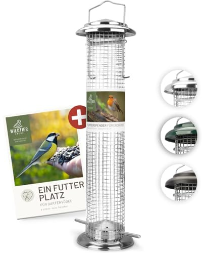wildtier liebe Vogelfuttersäule Edelstahl 38cm, Silber - Erdnussfutterspender aus rostfreiem Edelstahl, Vogel Futterstation, Futtersäule, Nüsse Erdnüsse, Wildvögel Futtersilo