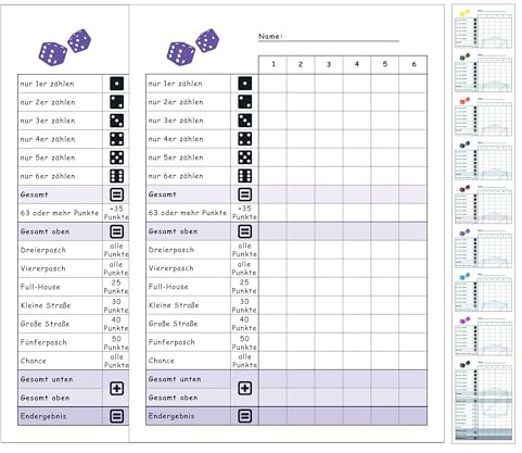 DiceCupFlex Gioco di dadi in formato DIN A6, con blocco dadi da 50 pagine, blocco da gioco, blocco di ricambio, design (2 pezzi, viola)