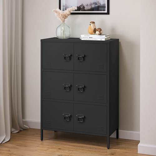 skølm Metallkommode Zandor, Wohnzimmerschrank mit 3 Fächern schwarz, Sideboard, Mehrzweckschrank Stahl 3x2, 113,5x80x38 cm