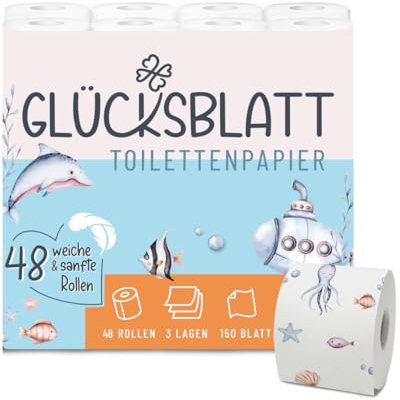 Glücksblatt Toilettenpapier mit bedruckten Motiven, 3-lagig, 48 Rollen x 150 Blatt, 100% Zellstoff, superweiches Klopapier, WC Papier, Verpackung aus mind. 30% PCR