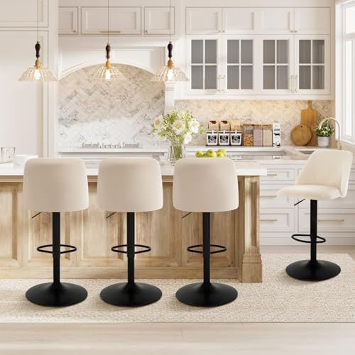 COLAMY Breakfast Bar Stools Set of 4, Modern Swivel Kitchen Stool, Adjustable Upholstered Barstools Counter Height with Square Open Back for Bar Kitchen Island, Dining Room, Beige