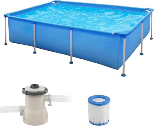 RELAX4LIFE Piscina Desmontable 258x179x66cm para 3-5 Adultos, Piscina Rectangular 2612 L con Marco Metálico, Sistema de Filtración y Pared 3 Capas para Terraza/Patio/Jardín, Montaje Rápido, Azul
