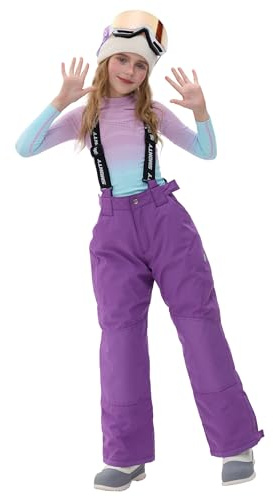 SMONTY Kids Winter Ski Pant Snow Bibs Boys Girls Snow Trouser Waterproof Windproof Warm Detachable Shoulder Straps(8-9 Years,Purple)